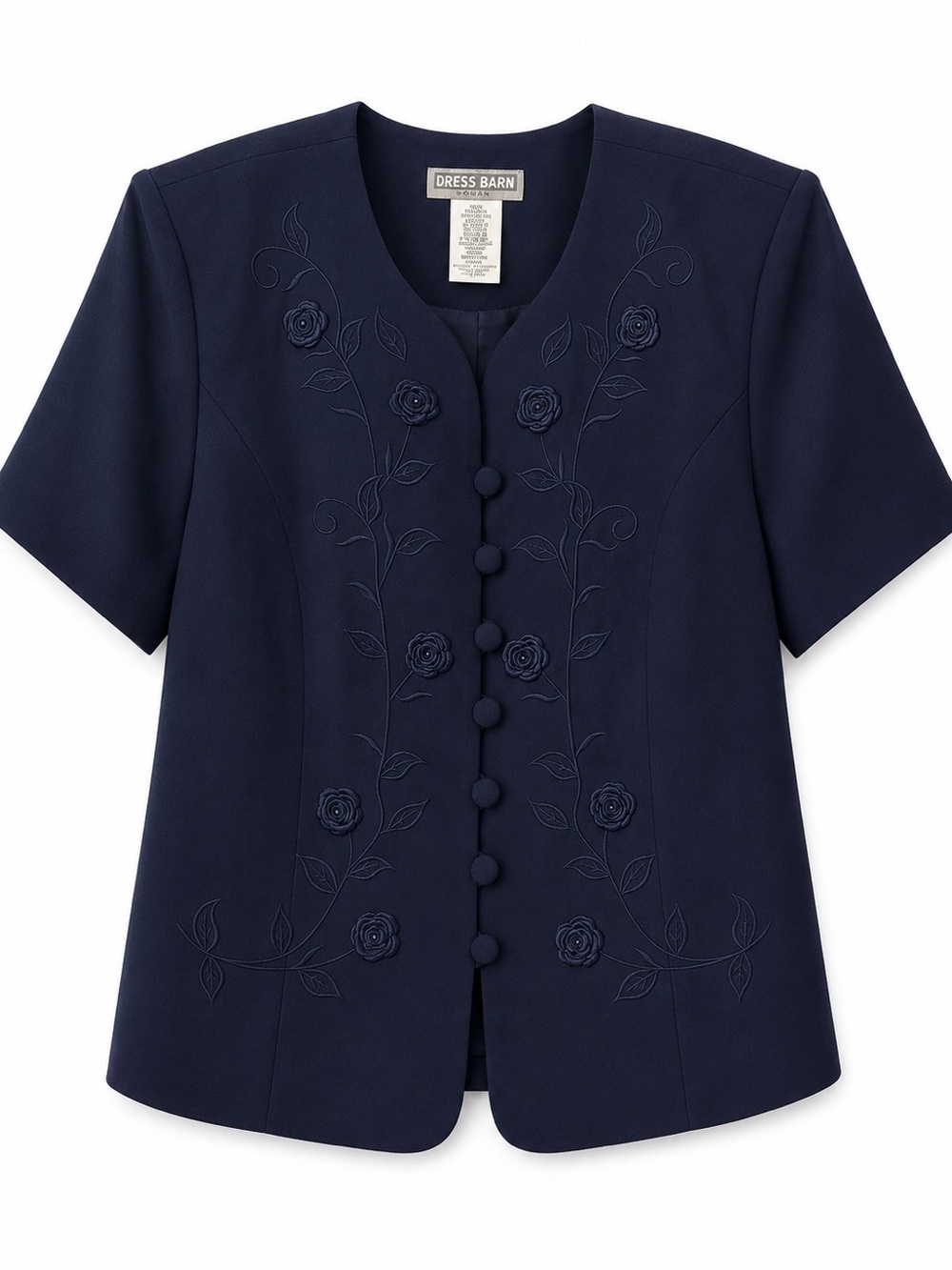 Dress Barn Women Navy Blue Floral Embroidered Short Sleeve Jacket Blazer
